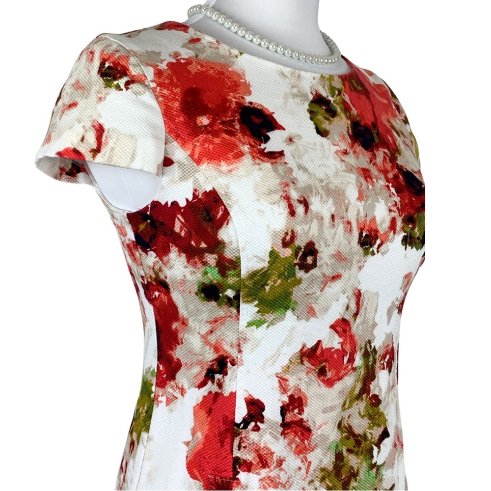 Liz Claiborne White Red Floral Boudreau Neckline Cap Sleeves Sheath Midi Dress 4 - Picture 5 of 15